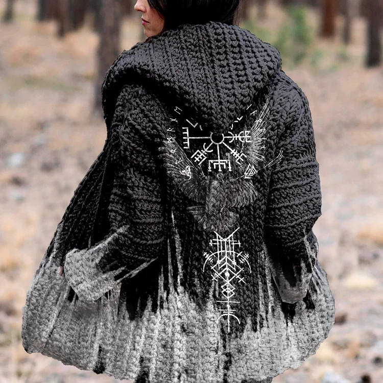 Retro Viking Birds Runes Totem Gradient Print Hooded Cardigan Sweater