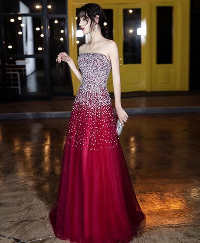 Burgundy Sweetheart Tulle Sequin Long Prom Dress Burgundy Formal Dress