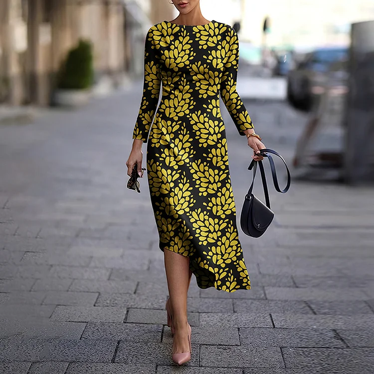 Vefave Crew Neck Yellow Branch Print Midi Dress