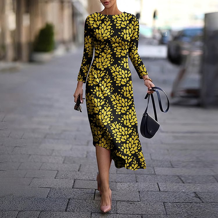 Crew Neck Yellow Branch Print Midi Dress