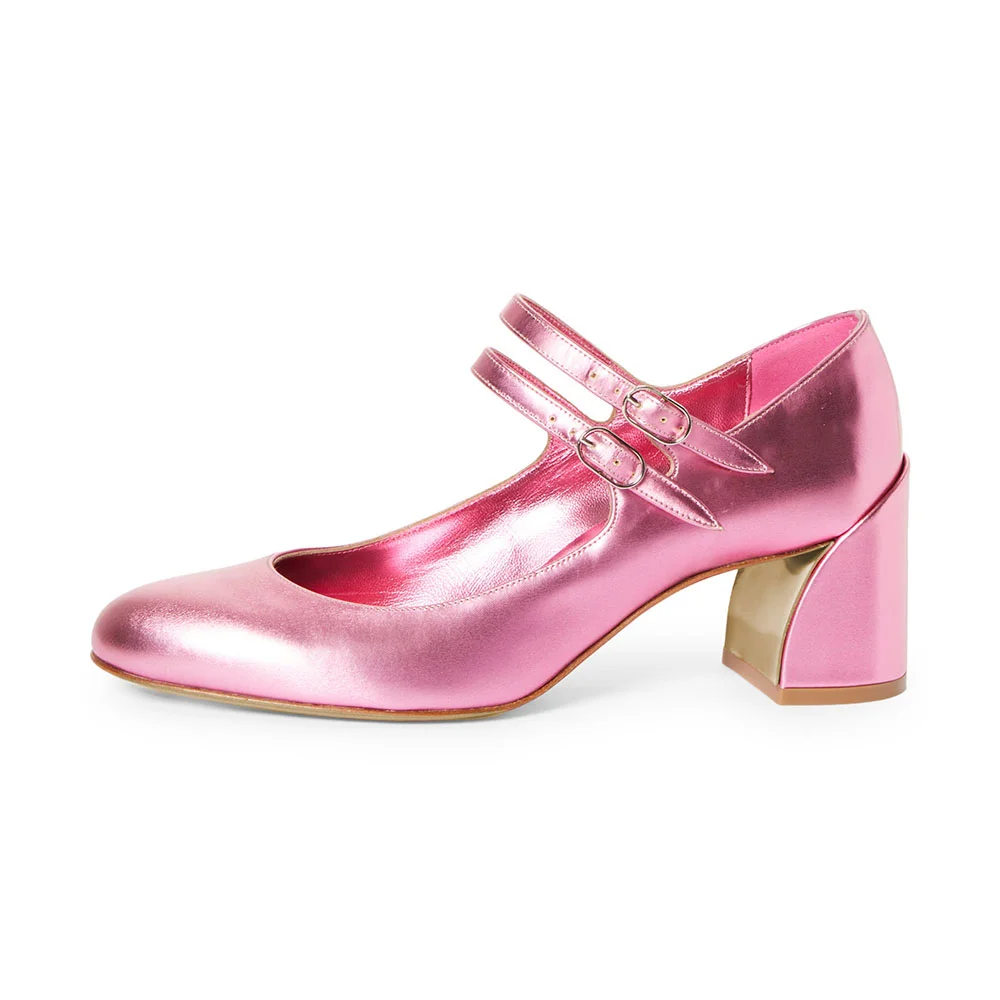 Pink Metallic Vegan Leather Buckled Strappy Heeled Mary Janes Shoes Nicepairs