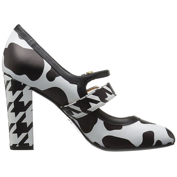 Cow and Houndstooth Printed Black and White Heels Mary Jane Pumps |FSJ Shoes
