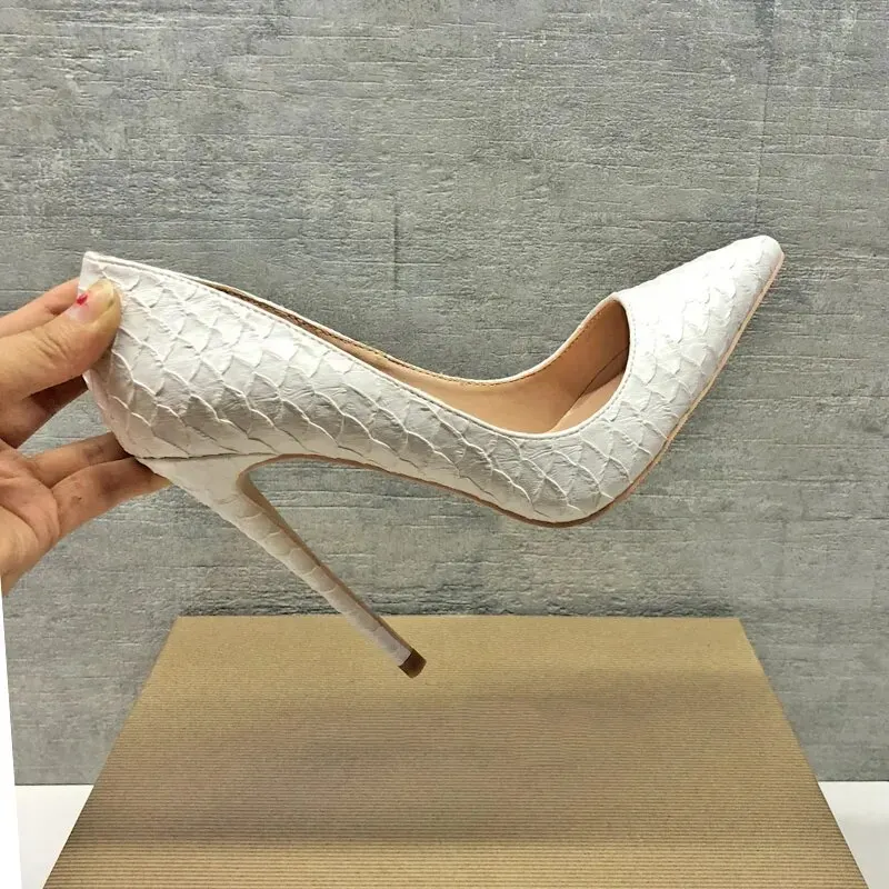 White Crocodile-Effect Women Pattern Stiletto High Heels 12cm 10cm 8cm Pointy Pumps Chic Party Shoes