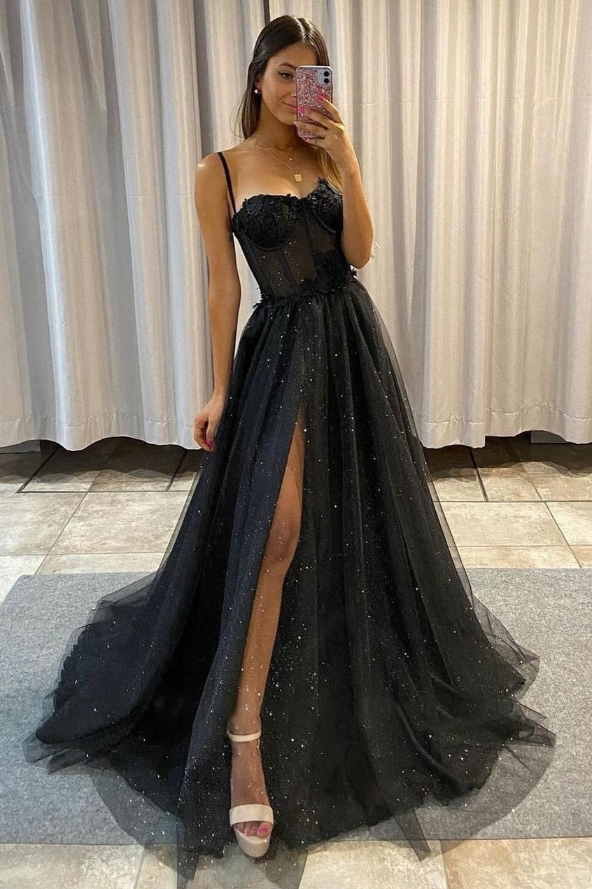 Luluslly Black Spaghetti-Straps Prom Dress Tulle Sleeveless Long With Split