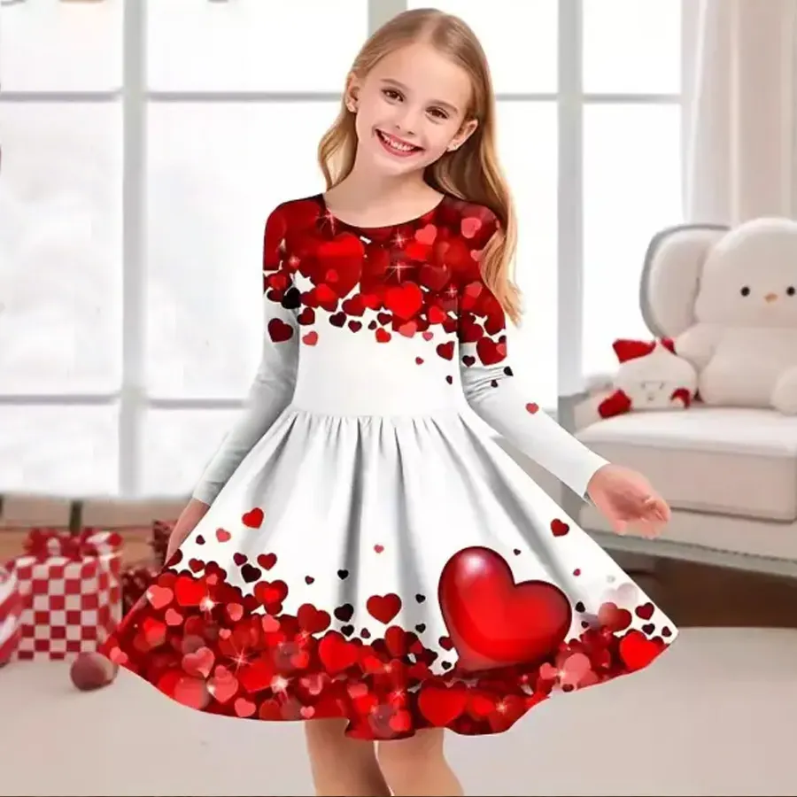 【2Y-10Y】Girls Cute Heart Shaped Dog Mermaid Print Long Sleeve Dress