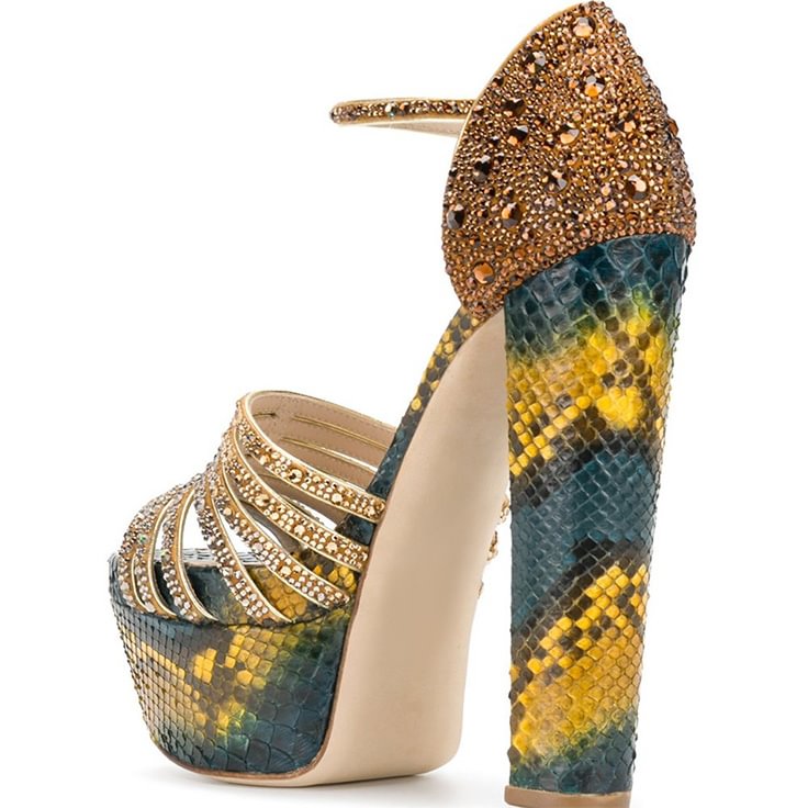 Yellow Green Python Rhinestone Chunky Heel Ankle Strap Sandals |FSJ Shoes