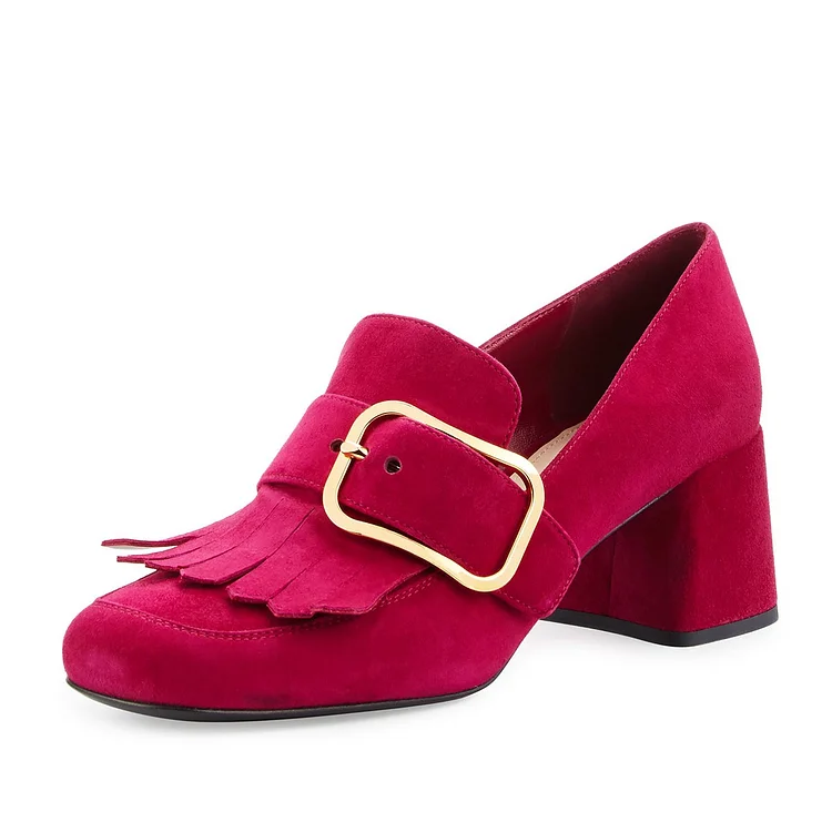 Red Vegan Suede Block Heel Fringe Oversized Buckle Women's Loafers |FSJ Shoes