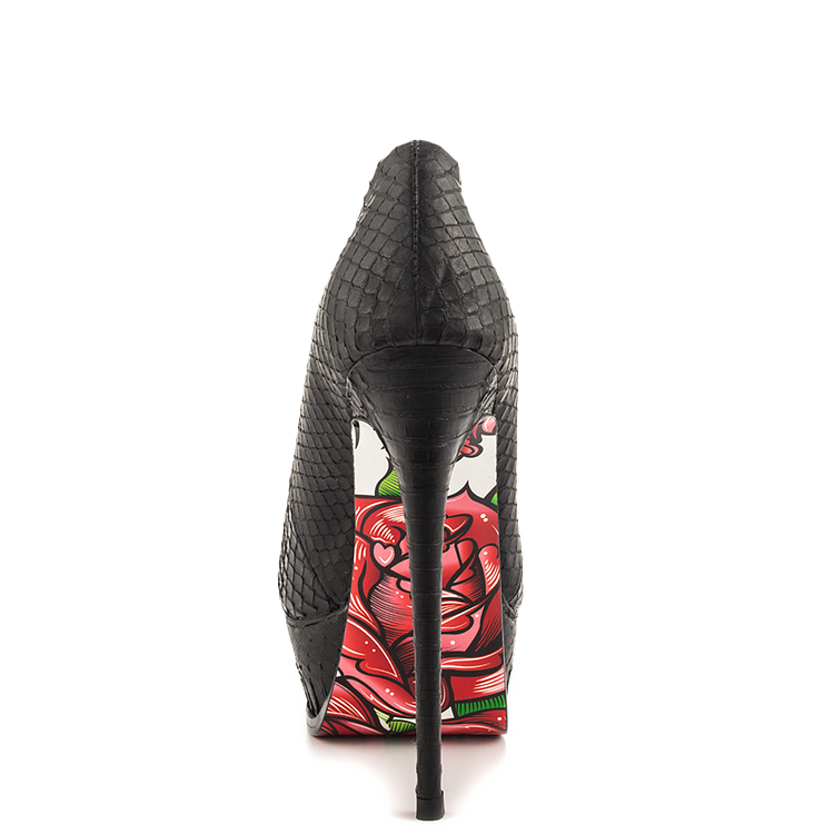Women's Black Python Stiletto Heels Flower Printed Almond Toe Platform Heels |FSJ Shoes