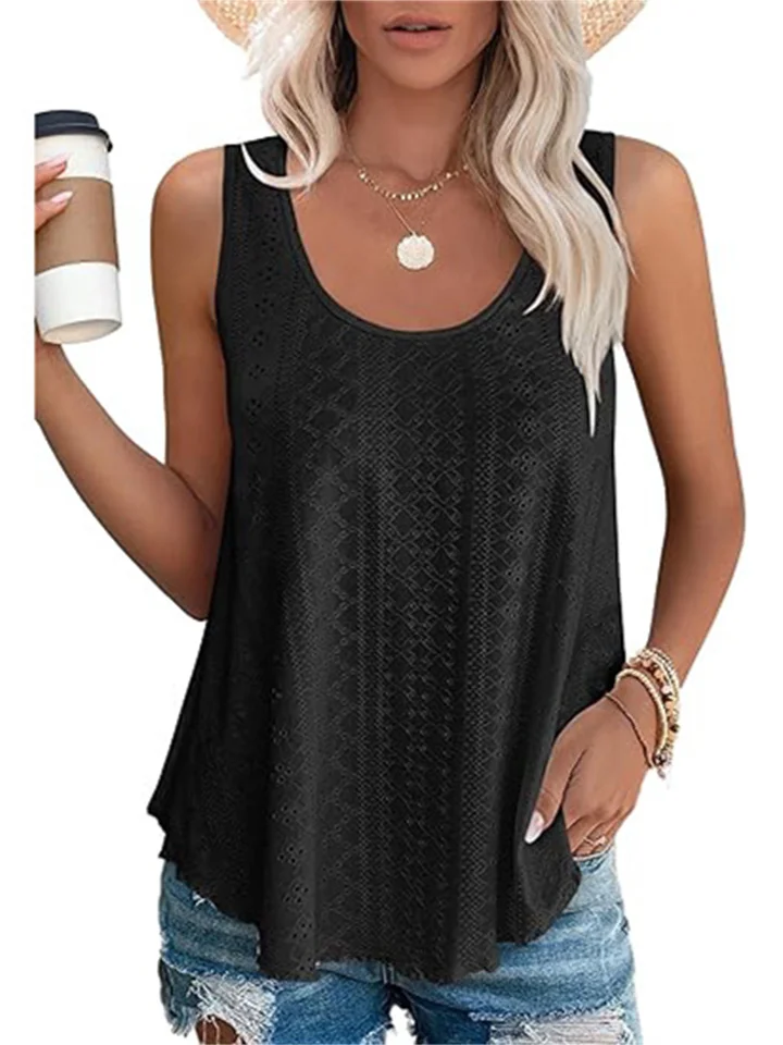 Women's Summer New Round Neck Loose Sleeveless T-shirt Tops Solid Color Hollowed Out Tops-Cosfine