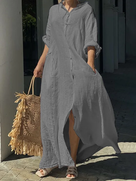 Solid Color Button Maxi Casual Dress