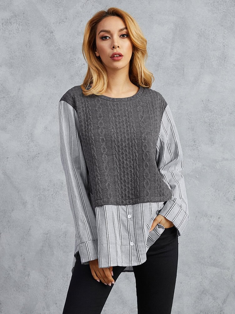 Fake Two Pieces Stripe Knitting Patchwork Long Sleeve Blouse P1580697