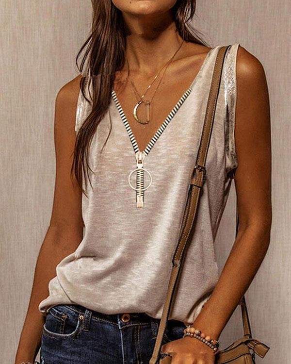 Solid Zipper V Neck Sleeveless Casual Tank Tops - Chicaggo
