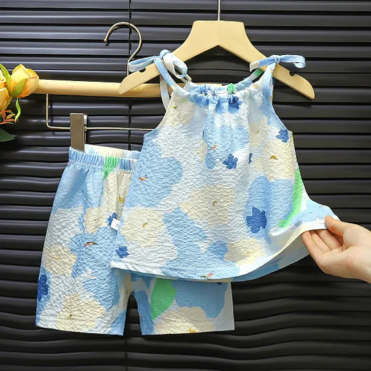 【12M-6Y】2-piece Girls Cute Fruit And Floral Print Hanging Neck Top And Shorts Set