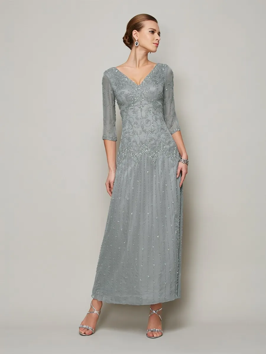 Lussooy Shinning Silver V Neck Sequins Long Sleeves Mother of The Bride Dress With Beading