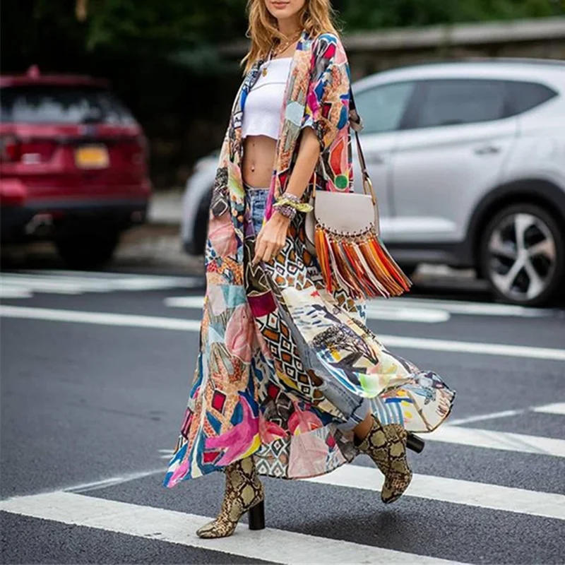 Fashion Contrast Print Midi Kimono