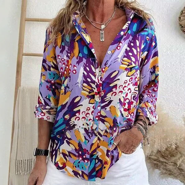 Digital printed button casual vacation polo slimming and flesh blocking long sleeved top, French shirt, women's_ ecoleips_old
