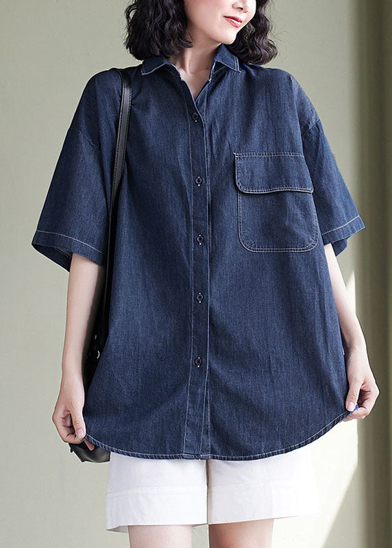 Plus Size Navy Peter Pan Collar Patchwork Button Cozy Denim Shirts Fall main image 1