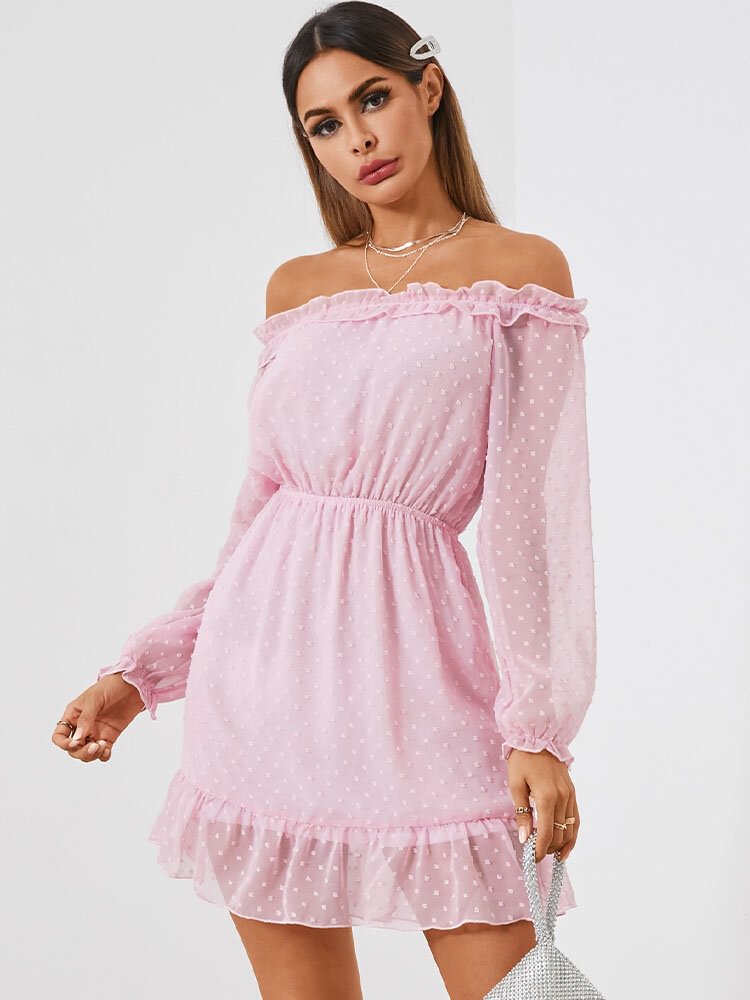 Solid Ruffle Off-shoulder Long Sleeve Casual Dress Women - BlackFridayBuys