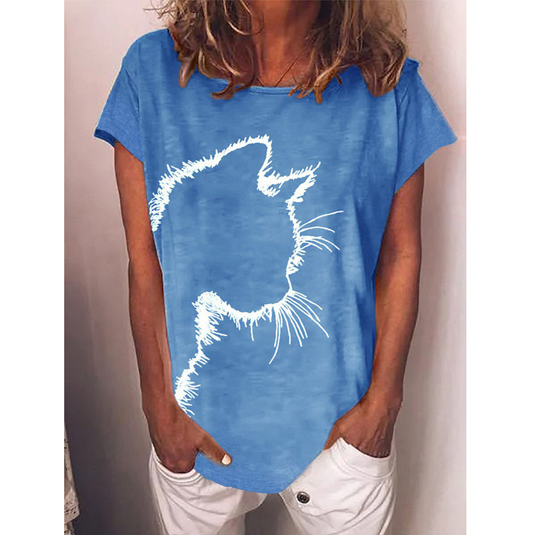 Vefave Round neck cat print loose long sleeve T-shirt