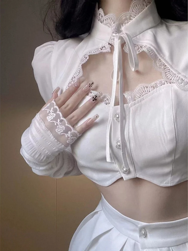 Woherb Clothes Sexy Sweet Crop Tops Summer Blouses Women Stand Neck Puff Sleeve Lace Hollow Out White Shirts 2022 Blusas De Mujer