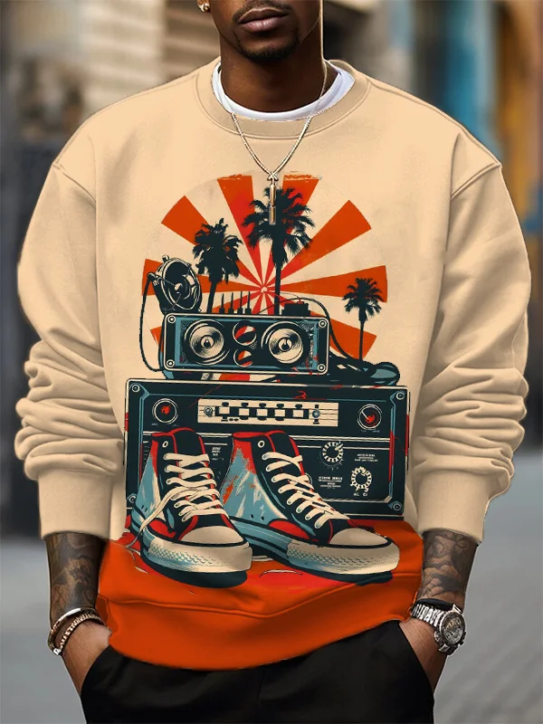 Men's Retro Nostalgic Radio Speaker Canvas Shoes Print Casual Sweatshirt