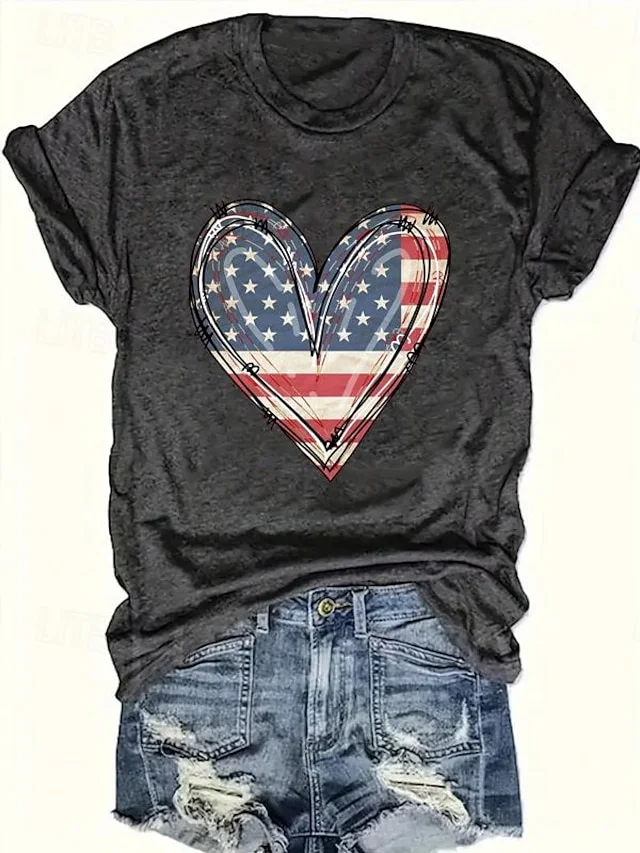 Women's Cotton Heart American Flag Print Black Short Sleeve T-shirt socialshop