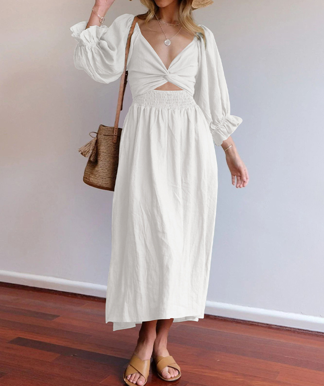 Rotimia French Ruffled Lantern Sleeves Multi-wear Dress White