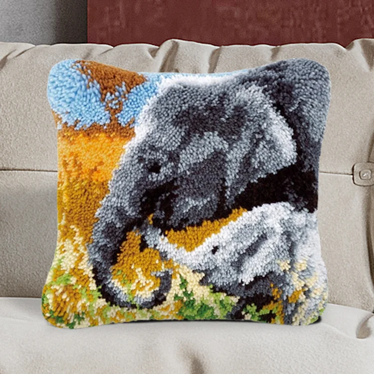 Elephants Family Pillowcase Latch Hook Kit for Adult, Beginner and Kid veirousa