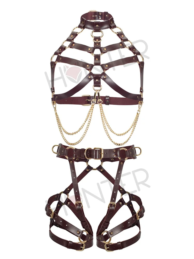 pornhint Pornhint Marsala Full Body Harness Set for Women, Open Chest Chain Harness, Thigh Harness, Leather Bondage Crotchless Kit, Leather Garter Belt Mature leather body harnesses for women