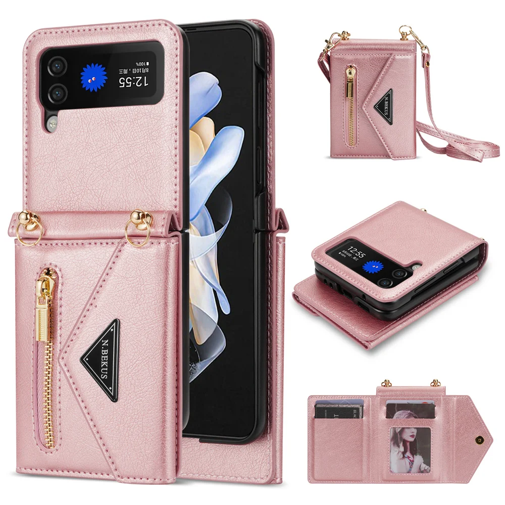 Triangle Crossbody Geometric Zipper Credit Cards Slot Shockproof Leather Phone Case With Lanyard For Galaxy Z Flip3/Z Flip4/Z Flip5