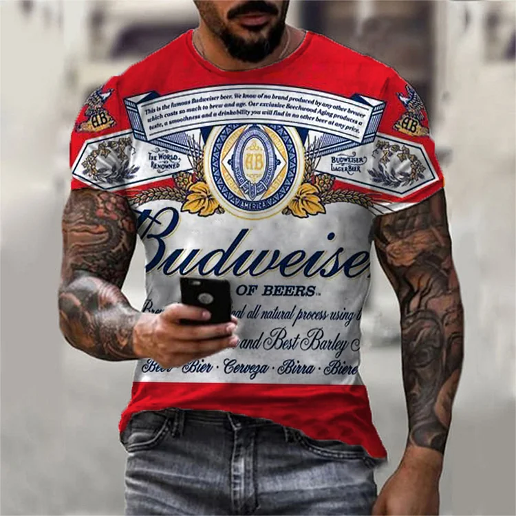 Fashion contrast color casual beer printed short-sleeved T-shirt