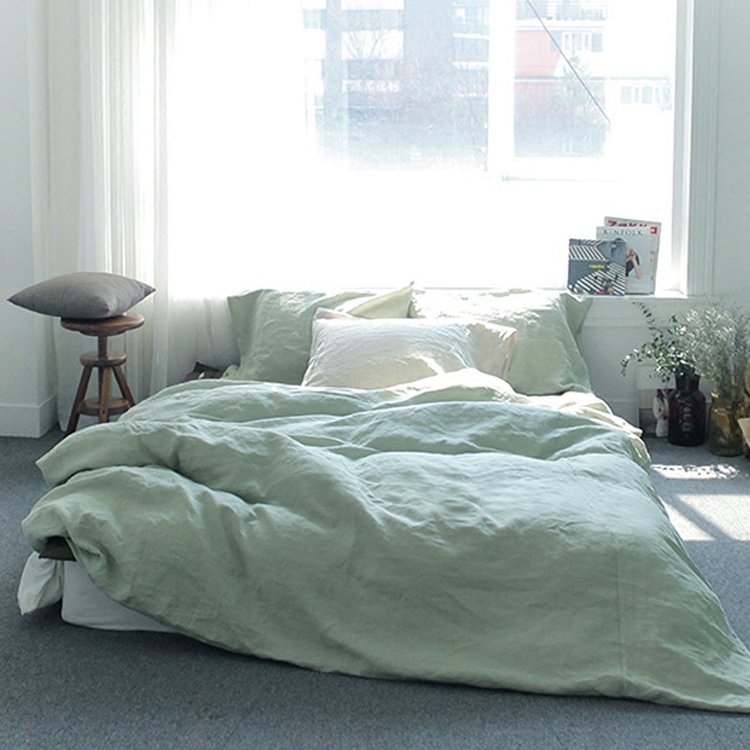 Elegant Green 100% Flax Linen Duvet Cover Button Closure Style-ChouChouHome