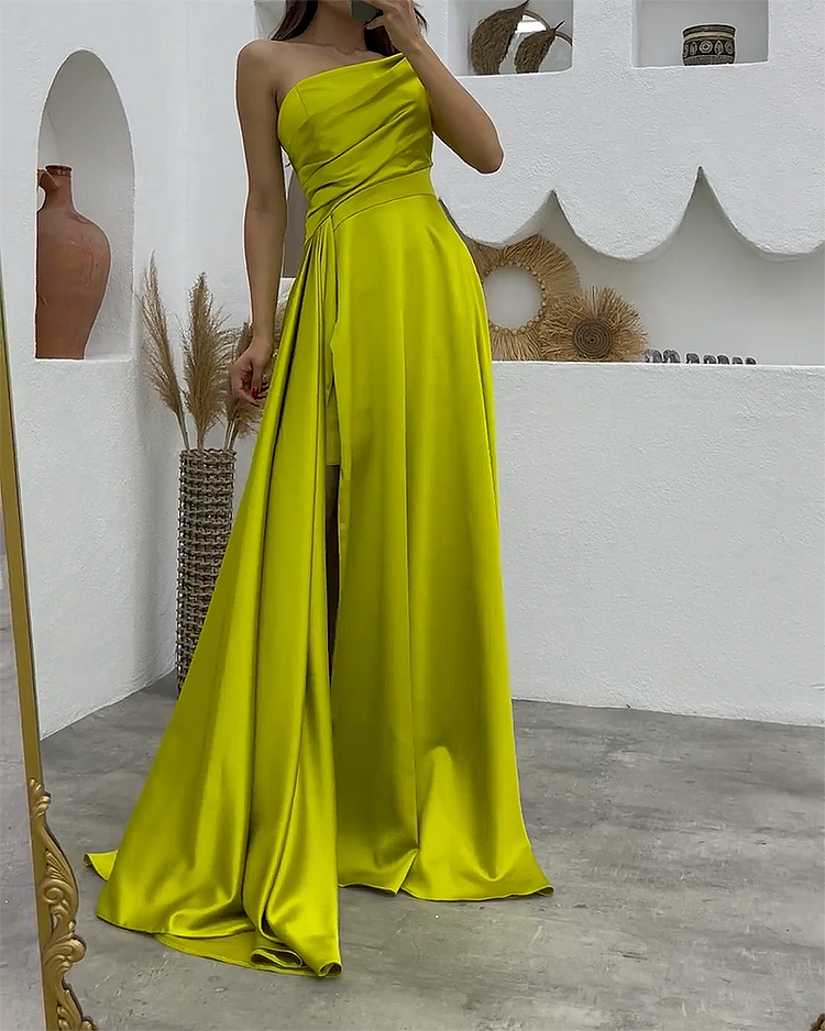 Pleated One Shoulder Slit Dress