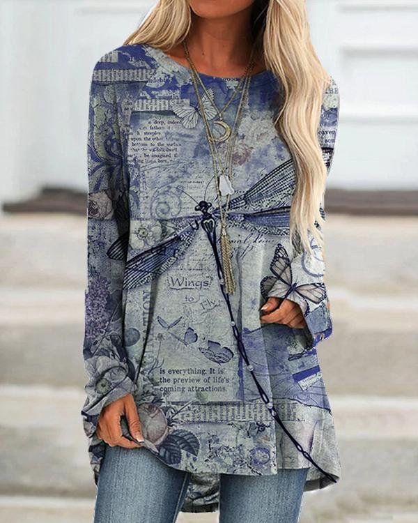 Digital Print Dragonfly&Butterfly Long Sleeve Crew Neck Casual Shirts&Tops