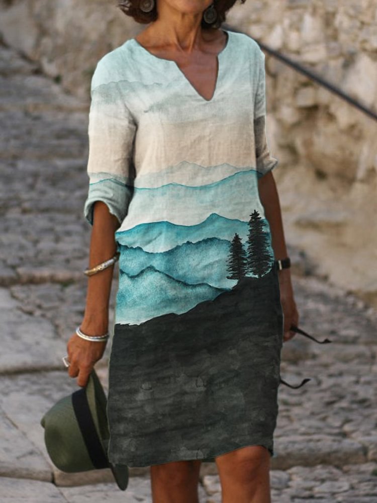 Vefave Mountains Landscape Watercolor Art Midi Dress