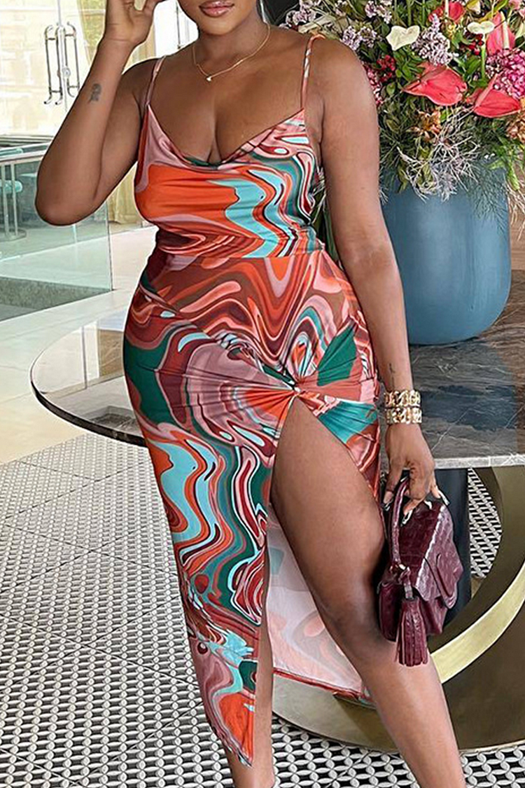 Brownness Sexy Print High Opening Spaghetti Strap Irregular Dress Dresses