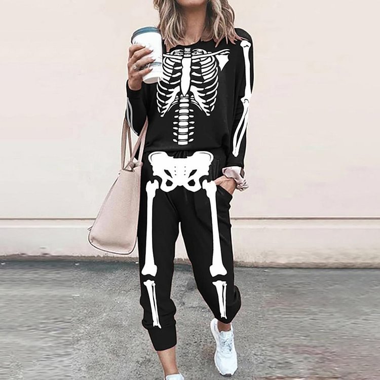 Halloween Hooded Skull Long Sleeve T-Shirt Two Piece Set