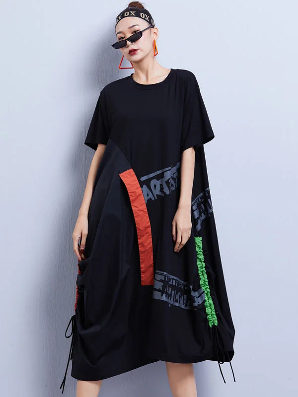 Hip-Hop Letter Stamped Contrast Colors Splicing Roomy Dress
