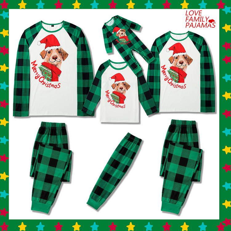 Merry Christmas Dog Print Green Plaid Holiday Matching Pajamas Sets