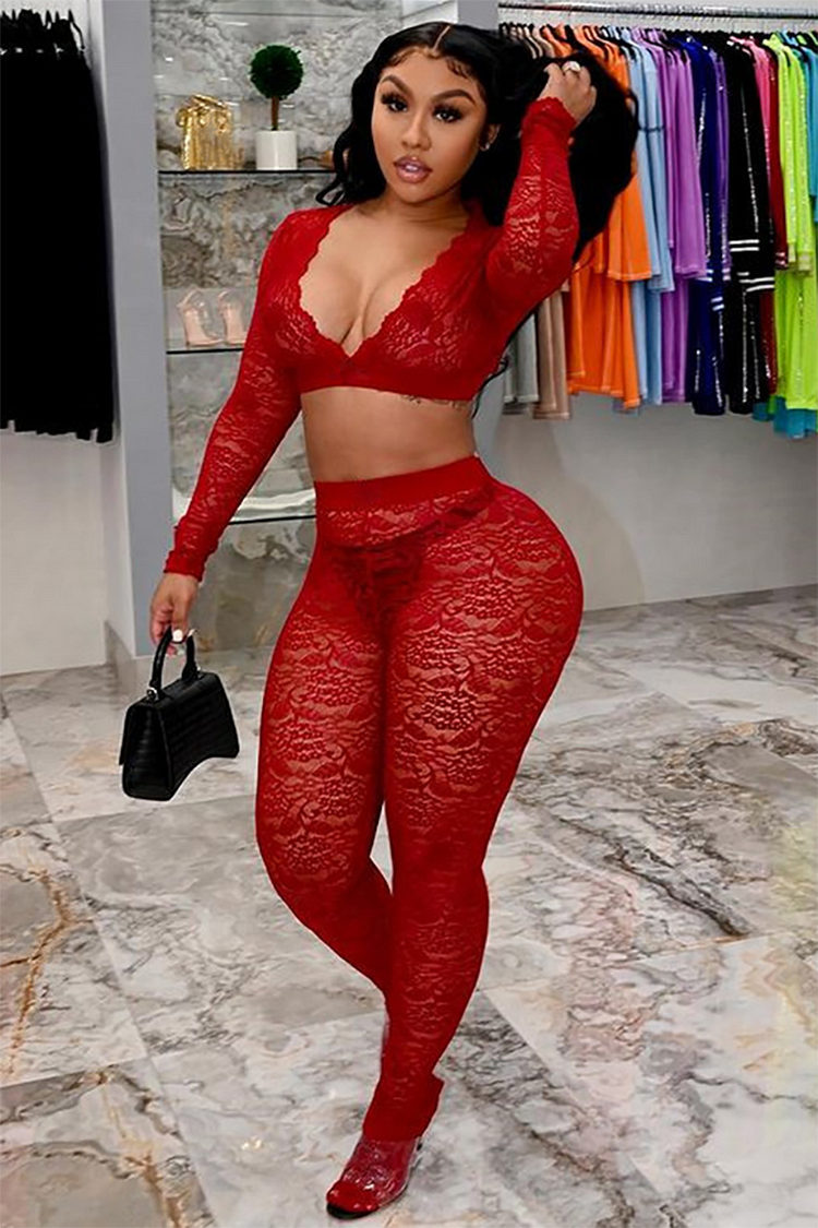 Lace Deep V Neck Long Sleeve Crop Top See-Through Pants Matching Set-Red