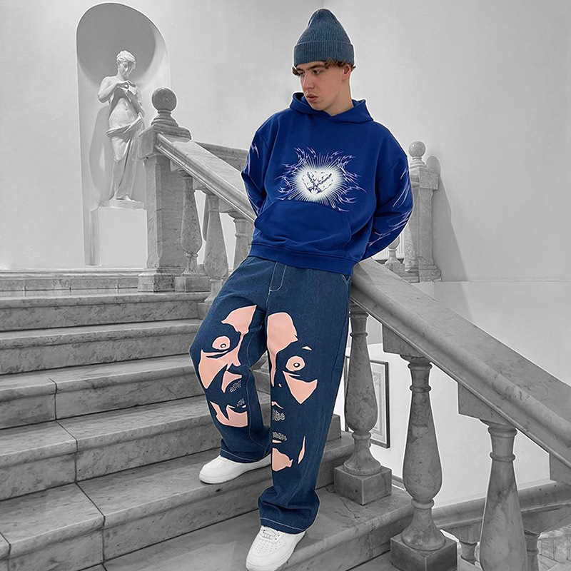 High Street Vintage Hip Hop Baggy Jeans Straight Wide Leg Mens Graphic