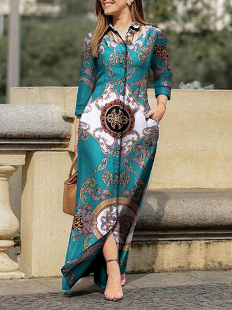 Tribal Pattern Lapel Pocket Button Down Shirt Maxi Dress