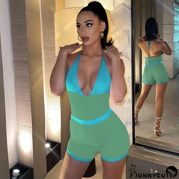 Summer Sexy V-neck Contrast Color Low Back Halter Neck Fashion Casual Tight Fitting Cargo Rompers