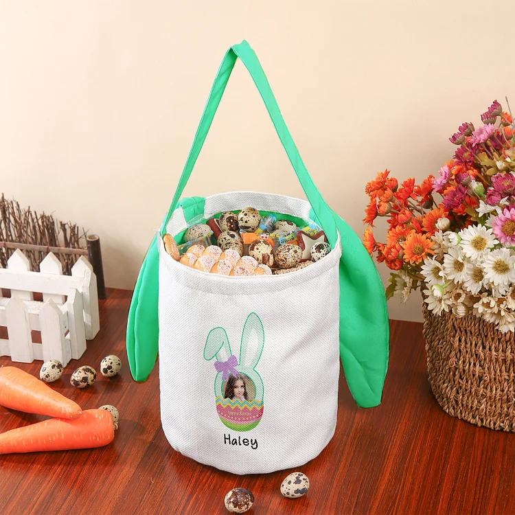 Bunny Tote Bag Personalized Photo Bucket Bag Custom Name & Text Bunny Basket Easter Gifts