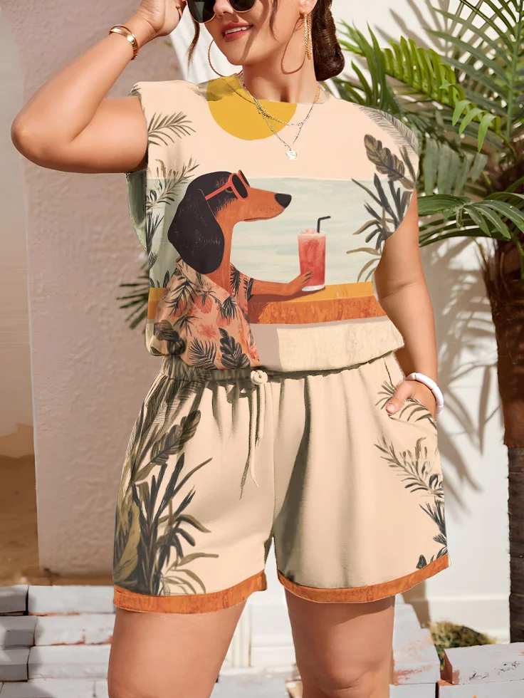 Women's Hawaiian Plants Dog Vacation Art Print Tank Top Shorts Matching Set