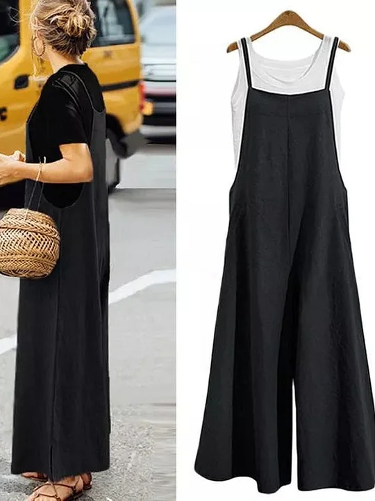 Women Casual Pure Color Loose Linen Tank Jumpsuit