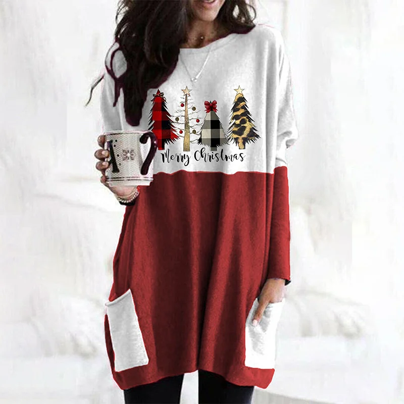 Christmas Full Print Women Color Block Design Long T-shirt