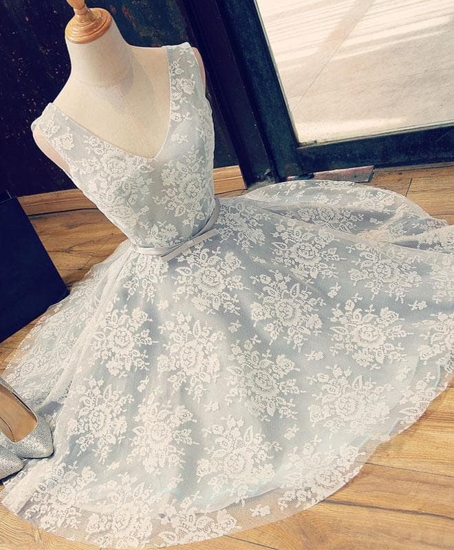 Cute V Neck Lace Short Prom Dress, Lace Evening Dress
