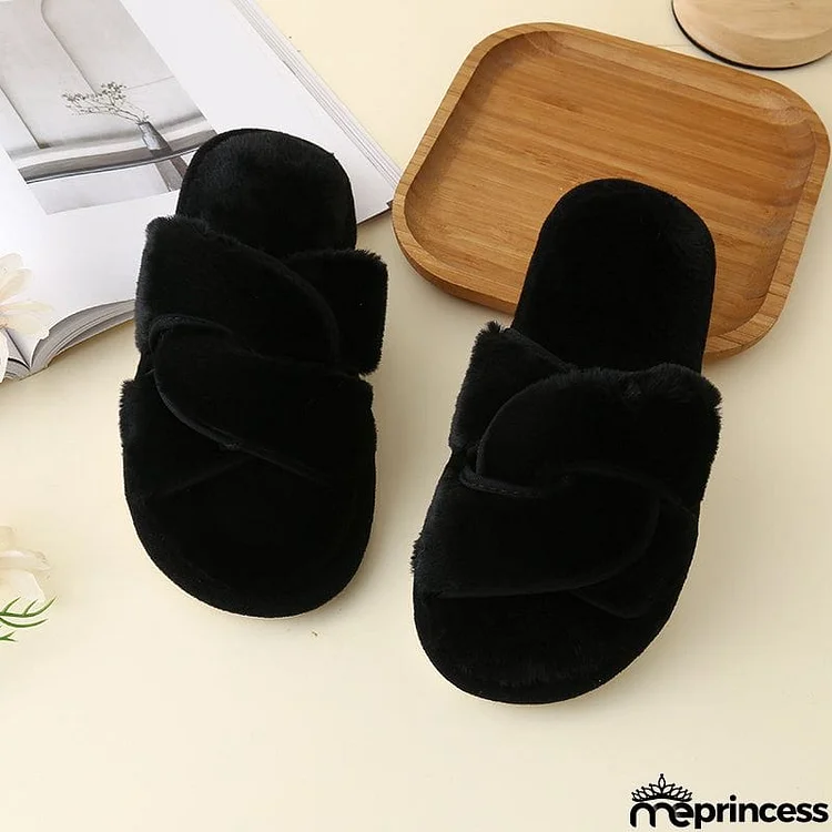 Faux Fur Twisted Strap Slippers