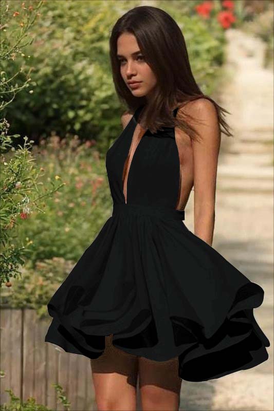 Lvs&Broner Ivory Halter Deep V Neck Sleeveless Short A-Line Homecoming Dress With Ruffles